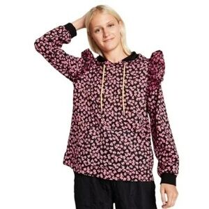 Sandy Liang Ditsy Floral Print Ruffle Hoodie Sweater Sweatshirt NWT Size XS